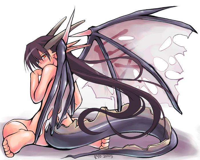ryo (botugo), ryo (liver sashi daisuki!), 1girl, barefoot, black hair, blush, dragon girl, dragon tail, dragon wings, feet, female focus, horns, long hair, looking back, monster girl, pointy ears, red eyes, sitting, soles, solo, tail, tsurime, very long hair, wings