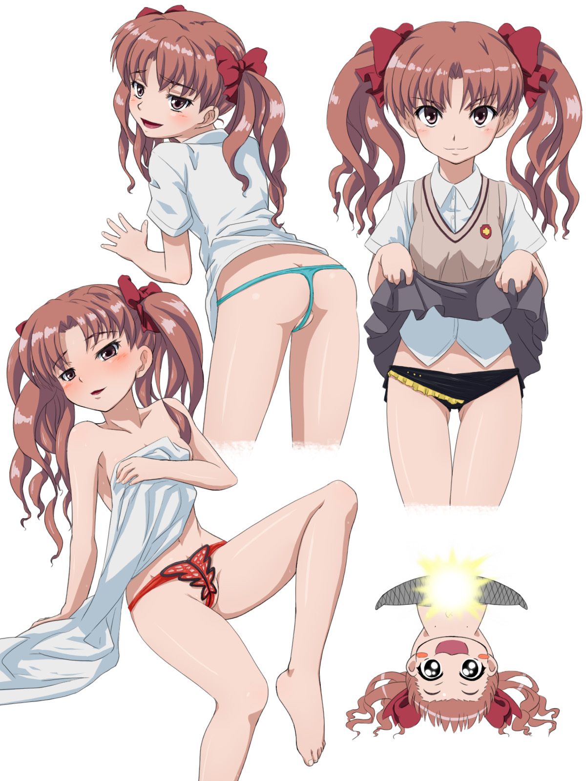 mameshiba (pixiv 59310), shirai kuroko, kemeko deluxe, toaru kagaku no railgun, toaru majutsu no index, highres, 00s, 1girl, 2009, ass, bare legs, bare shoulders, barefoot, blush, bow, brown eyes, brown hair, butt crack, censored, clothes lift, collarbone, feet, female focus, hair ribbon, legs, looking at viewer, lowleg, matching hair/eyes, multiple views, naughty face, navel, open mouth, panties, parody, partially visible vulva, ribbon, school uniform, side-tie panties, skirt, skirt lift, stomach, summer uniform, thong, toes, tokiwadai school uniform, twintails, underwear, upskirt, white background