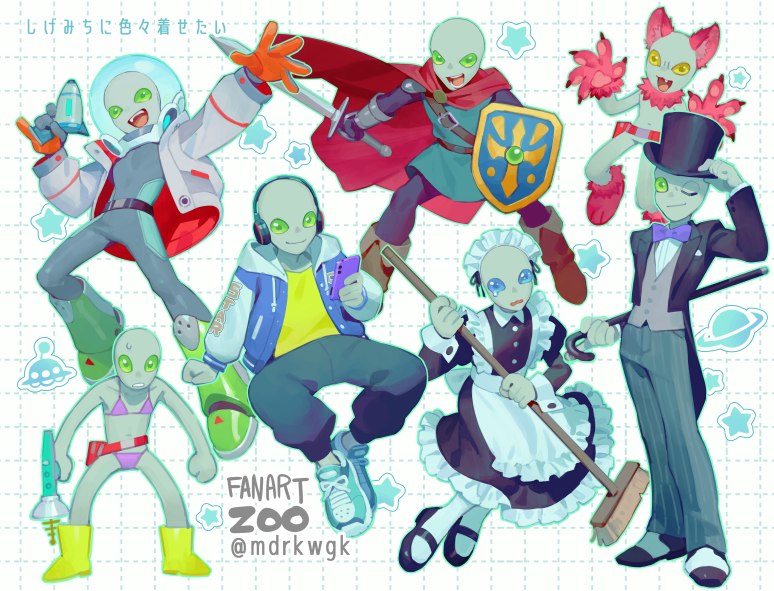 zoo (oukakumaku), shigemichi, gnosia, reference request, 1boy, alien, animal costume, animal ears, apron, belt, black jacket, black pants, blinking, blue eyes, blue jacket, blue shoes, bodysuit, boots, bow, bowtie, broom, brown belt, brown boots, cape, closed mouth, colored skin, dress shoes, fake animal ears, gloves, green boots, green eyes, green tunic, grey bodysuit, grey pants, grey skin, grey vest, hat, headphones, holding, holding broom, holding phone, holding shield, holding sword, holding weapon, jacket, letterman jacket, maid, maid apron, maid headdress, male focus, mary janes, multiple views, open clothes, open jacket, orange gloves, pants, phone, purple bow, purple bowtie, red belt, red cape, rubber boots, shield, shirt, shoes, smile, socks, star (symbol), suit jacket, sword, tears, tears from one eye, top hat, tunic, vest, watermark, weapon, white background, white jacket, white shirt, white socks, wolf costume, wolf ears, wolf paws, yellow boots, yellow eyes, yellow shirt