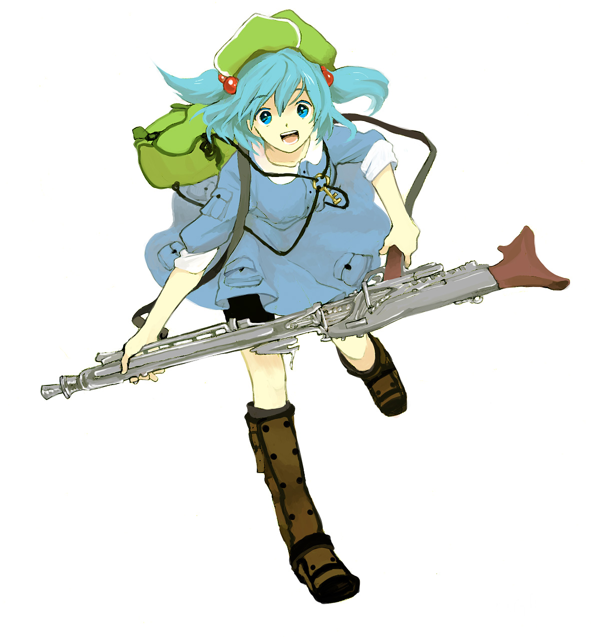 sugi, kawashiro nitori, touhou, highres, 1girl, backpack, bag, bike shorts, blue eyes, blue hair, boots, excited, female focus, full body, gun, hair bobbles, hair ornament, happy, hat, key, legs, machine gun, matching hair/eyes, mg42, open mouth, randoseru, running, simple background, sleeves rolled up, smile, solo, twintails, two side up, weapon, white background