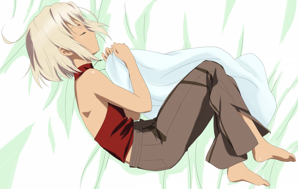 komatsu (sakanae), canaan (character), 428, 428: fuusa sareta shibuya de, canaan (series), chunsoft, bare shoulders, barefoot, blonde hair, closed eyes, feet, sleeping, solo