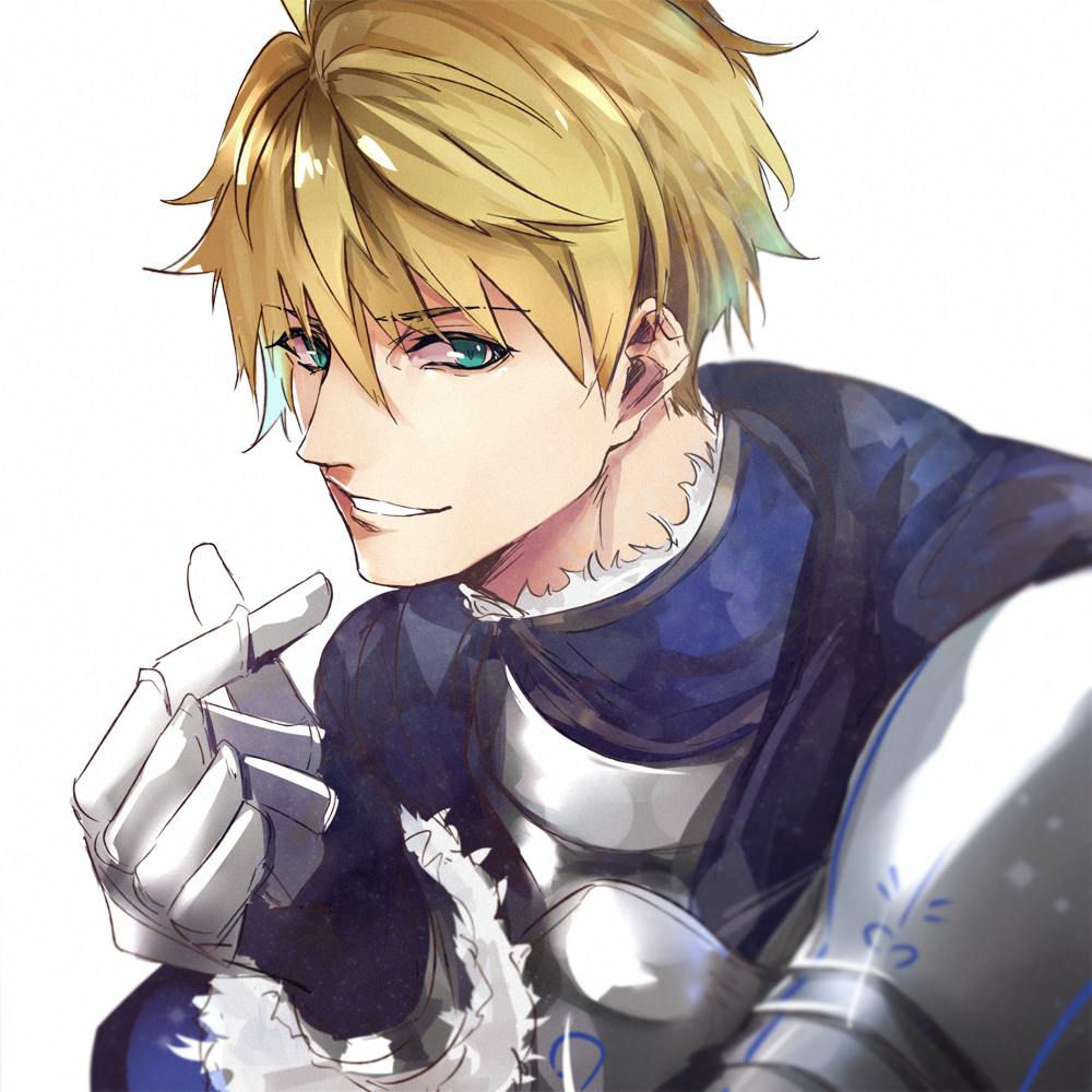 pvc parfait, arthur pendragon (fate), fate/grand order, fate (series), commentary request, 1boy, aqua eyes, armor, black gloves, black hood, blonde hair, blue shirt, breastplate, full armor, fur-trimmed shirt, fur trim, gauntlets, gloves, grey armor, hair between eyes, hand up, long sleeves, looking at viewer, male focus, pauldrons, shirt, short hair, shoulder armor, simple background, smile, solo, teeth, upper body, white background
