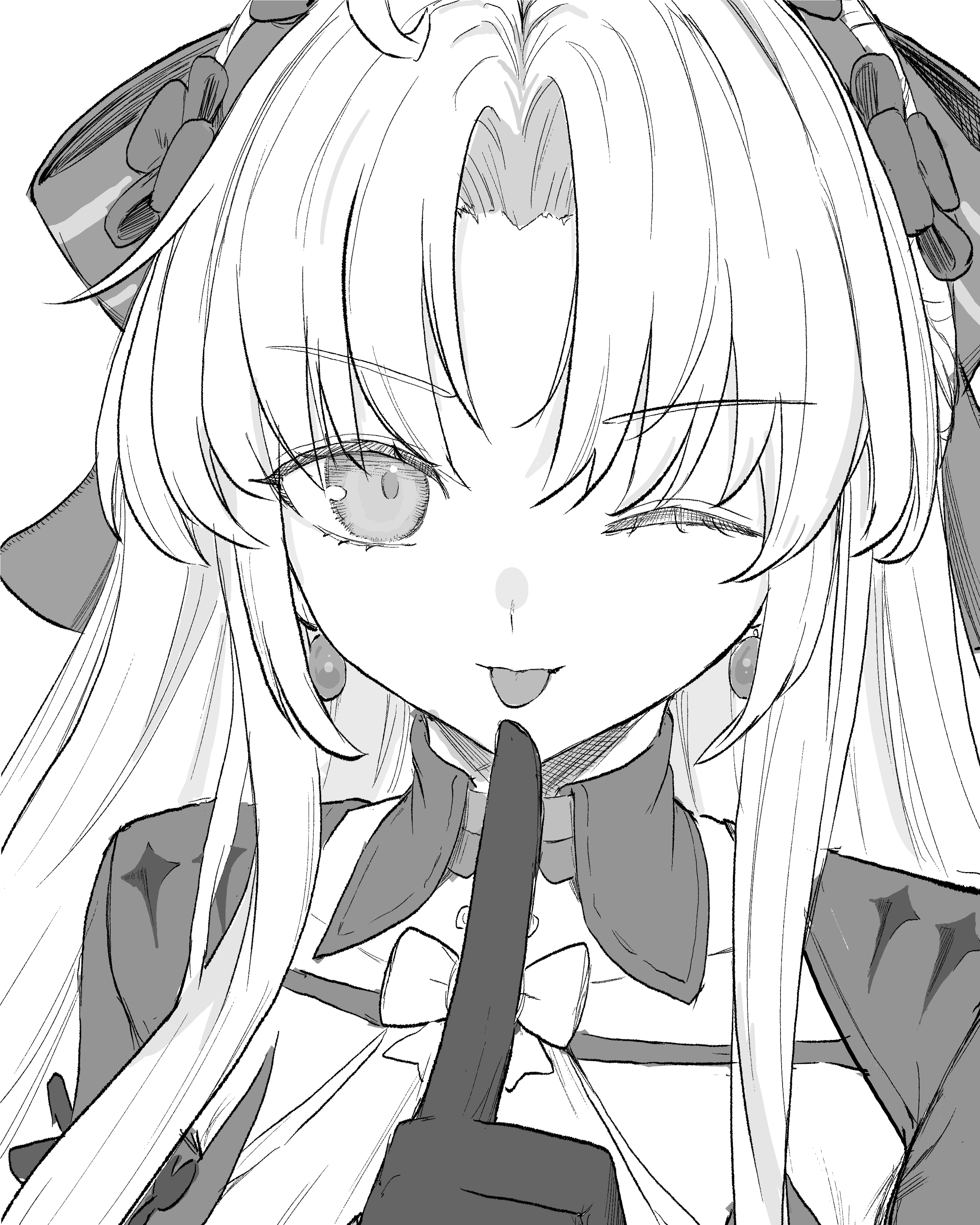 sei (karupiza1490208), carlotta (wuthering waves), wuthering waves, absurdres, highres, 1girl, ahoge, collarbone, finger to mouth, gloves, greyscale, long hair, looking at viewer, monochrome, one eye closed, parted bangs, shushing, solo, tongue, tongue out