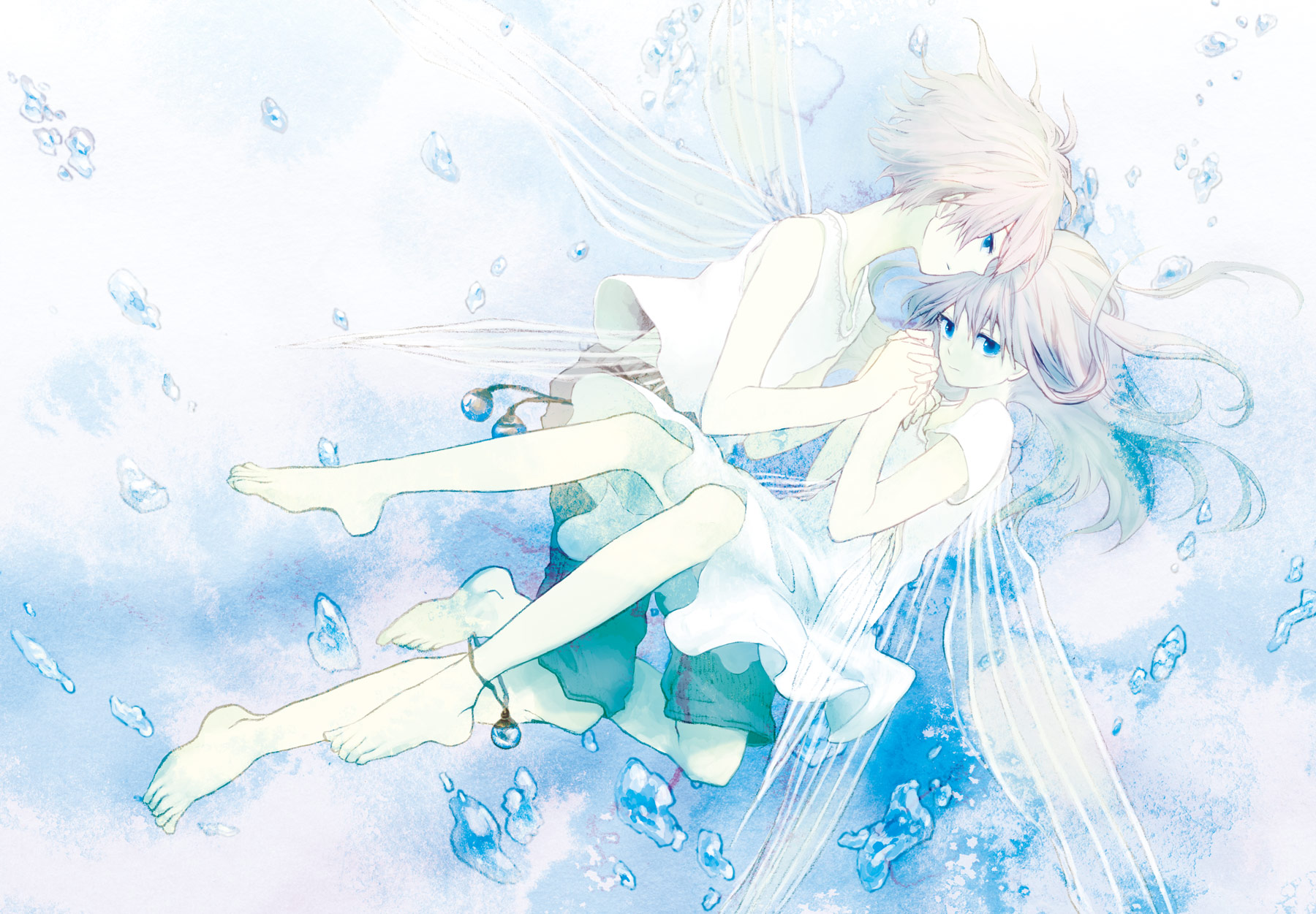 sugi, original, bad id, bad pixiv id, highres, 1boy, 1girl, barefoot, blue eyes, couple, feet, grey hair, hetero, holding hands, pale skin, water, wings