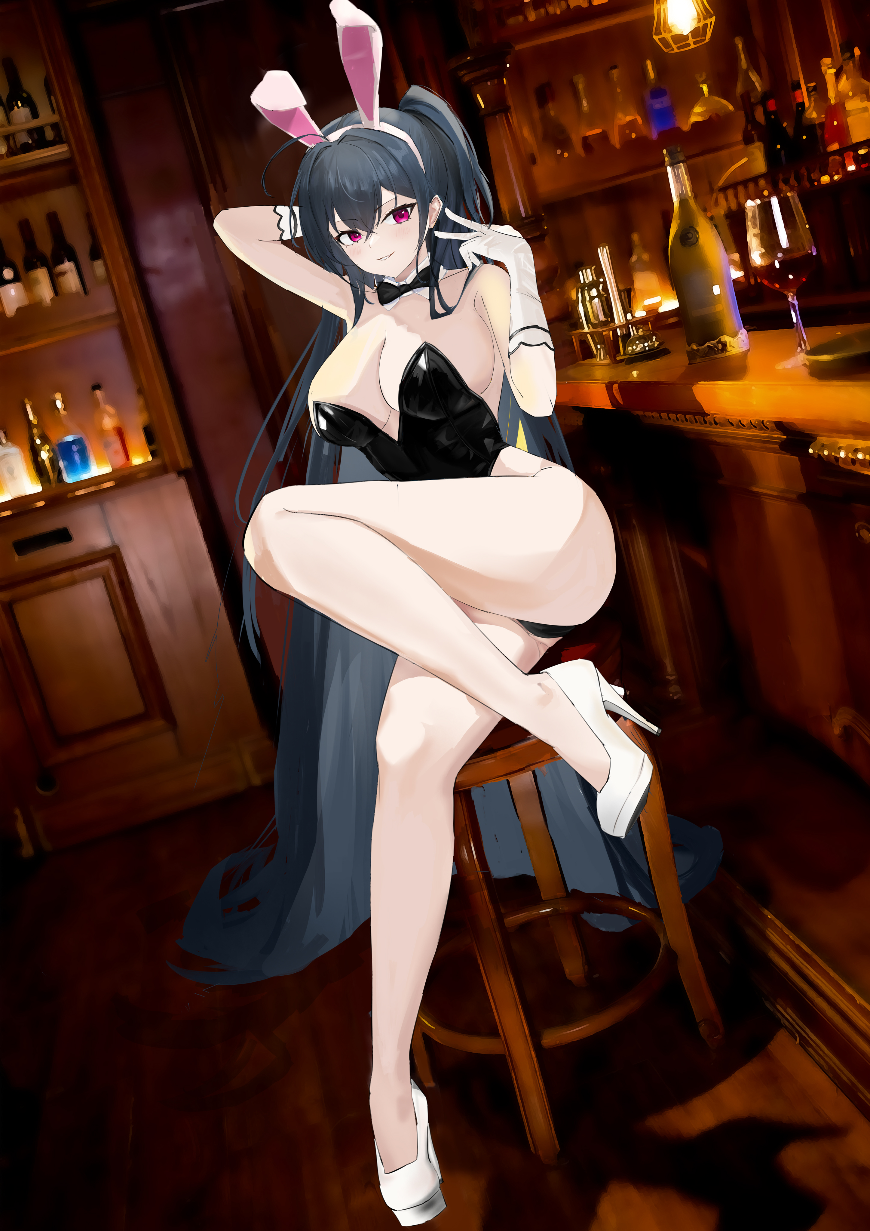 suo bu ye feng, taihou (azur lane), azur lane, absurdres, commentary request, highres, variant set, 1girl, absurdly long hair, alternate costume, animal ears, bar (place), bar stool, bare shoulders, black bow, black bowtie, black hair, black leotard, bottle, bow, bowtie, breasts, cleavage, detached collar, fake animal ears, full body, gloves, high heels, indoors, large breasts, leotard, long hair, playboy bunny, rabbit ears, red eyes, shoes, sitting, solo, stool, very long hair, white gloves, white shoes