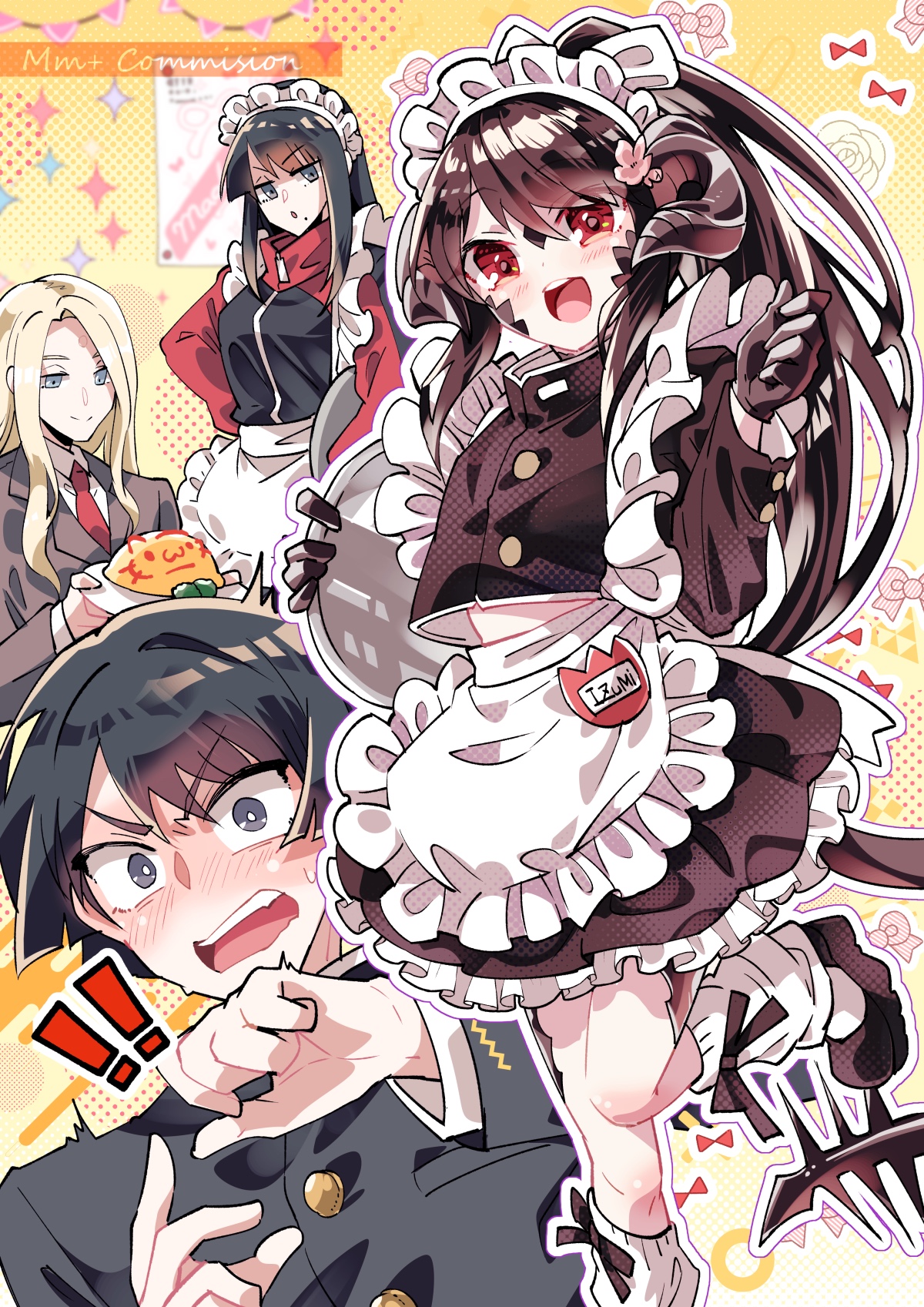 mumu (bloody johnson), asahi sas brutus, garlean, yotsuyu goe brutus, zenos yae galvus, final fantasy, final fantasy xiv, commission, commissioner upload, highres, skeb commission, 1girl, 1other, 2boys, apron, au ra, black hair, black horns, black scales, black tail, blonde hair, bowl cut, dragon horns, flower, food, gakuran, gloves, hair flower, hair ornament, high ponytail, holding, horns, hyur, izumi tol amulius, japanese clothes, leg warmers, long hair, maid apron, maid headdress, multiple boys, omelet, omurice, open mouth, ponytail, red eyes, scales, school uniform, short hair, smile