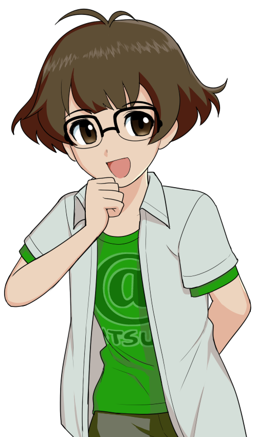 akizuki ryo, idolmaster, idolmaster dearly stars, non-web source, 00s, antenna hair, brown eyes, brown hair, glasses, male focus, open clothes, open mouth, open shirt, shirt, short hair, solo, transparent background, trap