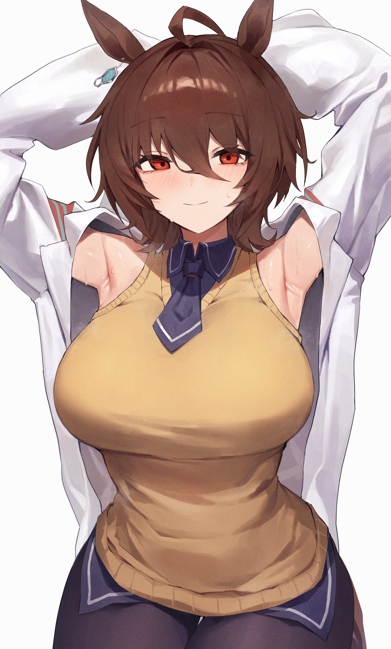 leste (humansequencer), agnes tachyon (tach-nology) (umamusume), agnes tachyon (umamusume), umamusume, commentary request, highres, 1girl, ahoge, animal ears, armpits, black necktie, black pantyhose, blush, breasts, brown hair, closed mouth, grey background, hair between eyes, horse ears, horse girl, lab coat, large breasts, looking at viewer, necktie, pantyhose, red eyes, short hair, simple background, smile, solo, sweat, sweater vest, yellow sweater vest