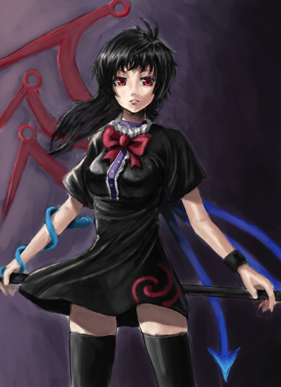 bokuden, houjuu nue, touhou, highres, 1girl, alternate hair length, alternate hairstyle, black hair, black thighhighs, bow, breasts, female focus, long hair, polearm, red eyes, short hair, solo, thighhighs, weapon, wings, wristband, zettai ryouiki