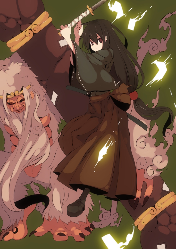 fuurin (omaemona), original, bad id, bad pixiv id, tagme, black hair, brown eyes, sword, weapon