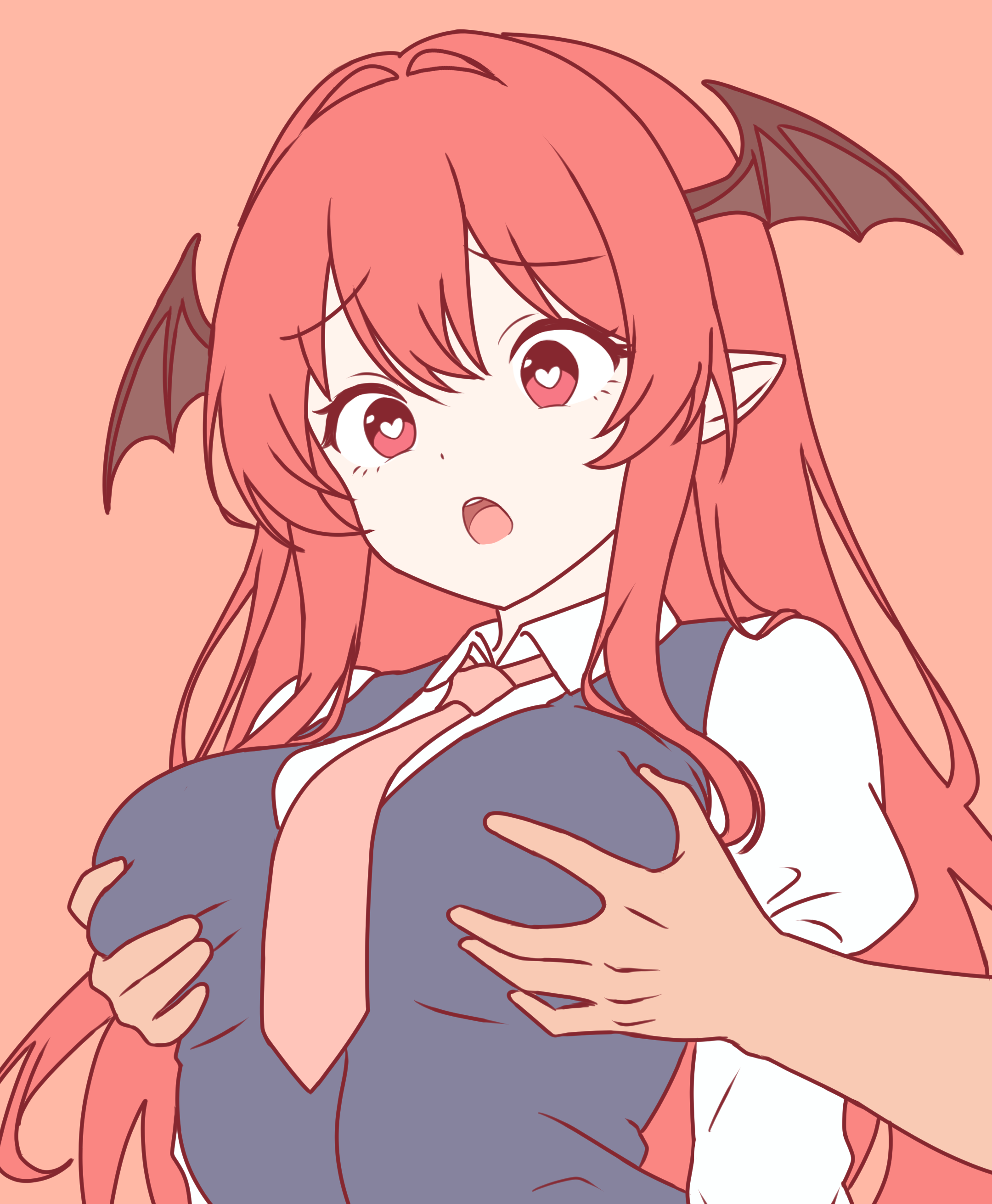 burukyu, koakuma, touhou, absurdres, highres, 1girl, 1other, :o, bat wings, behind another, black vest, black wings, breasts, bright pupils, collared shirt, dress shirt, grabbing another's breast, grabbing from behind, groping, hair between eyes, hair intakes, head wings, heart, heart-shaped pupils, large breasts, limited palette, necktie, open mouth, orange background, orange necktie, pointy ears, pussy juice, red eyes, red hair, shirt, sidelocks, simple background, symbol-shaped pupils, teeth, upper body, upper teeth only, vest, white pupils, white shirt, wings