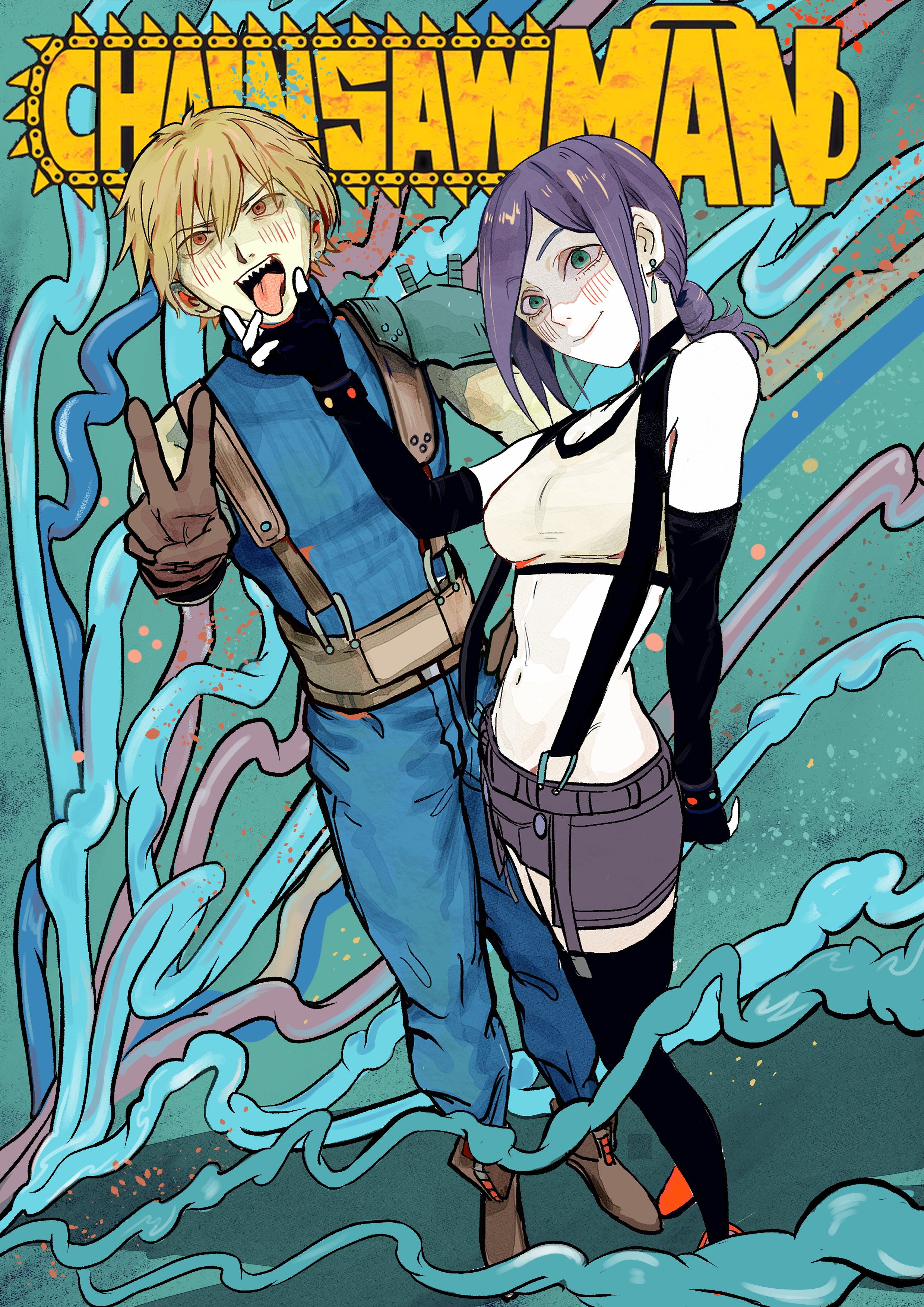 hugo artist, cloud strife, denji (chainsaw man), reze (chainsaw man), tifa lockhart, chainsaw man, final fantasy, final fantasy vii, final fantasy vii remake, absurdres, commentary, english commentary, highres, 1boy, 1girl, armor, baggy pants, bare shoulders, black choker, black gloves, black hair, black skirt, black thighhighs, blonde hair, blue pants, blue sweater, blush, boots, bracelet, breasts, brown boots, brown gloves, choker, closed mouth, cloud strife (cosplay), copyright name, cosplay, crop top, earrings, elbow gloves, fingerless gloves, full body, gloves, green eyes, hand on another's chin, intestines, jewelry, looking at viewer, materia, medium breasts, midriff, miniskirt, navel, open mouth, pants, red boots, red eyes, short hair, shoulder armor, single earring, skirt, sleeveless, sleeveless turtleneck, smile, standing, suspender skirt, suspenders, sweater, tank top, thighhighs, tifa lockhart (cosplay), tongue, tongue out, turtleneck, turtleneck sweater, v, white tank top, zettai ryouiki