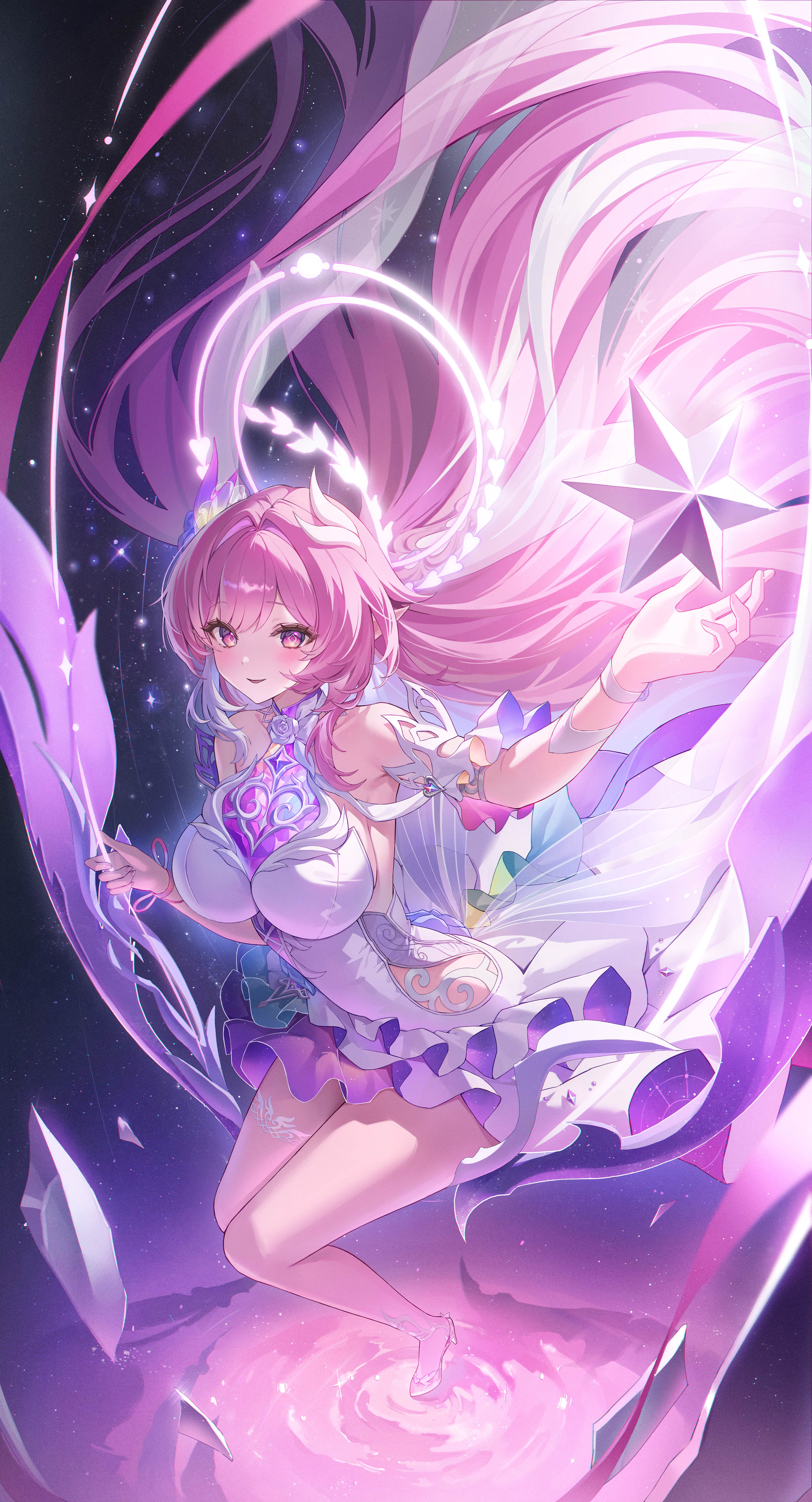 ryu o, cyrene (honkai: star rail), honkai: star rail, honkai (series), absurdres, commentary, highres, 1girl, armlet, bare shoulders, breasts, cyrene (demiurge) (honkai: star rail), diamond-shaped pupils, diamond (shape), dress, floating hair, hair intakes, halo, halo behind head, high heels, jewelry, large breasts, long hair, looking at viewer, parted lips, pink hair, smile, solo, standing, standing on liquid, symbol-shaped pupils, thighs, white dress