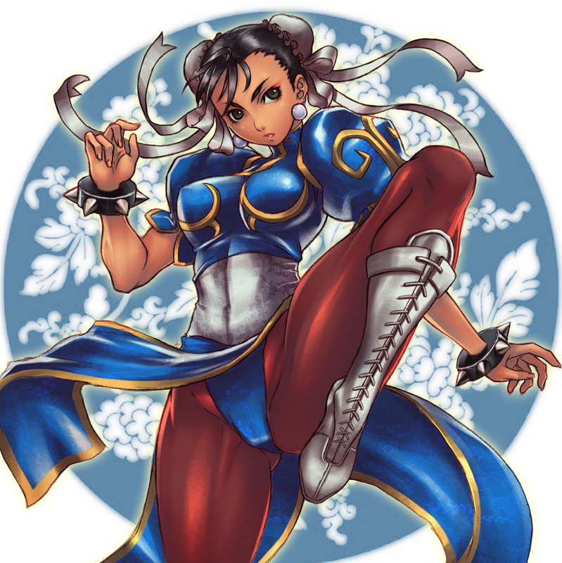 sethxzoe, chun-li, capcom, street fighter, 1girl, black hair, boots, bracelet, breasts, brown eyes, bun cover, china dress, chinese clothes, double bun, dress, earrings, eyeshadow, female focus, fighting stance, hair bun, hair ribbon, jewelry, leg lift, legs, lipstick, loincloth, makeup, medium breasts, muscular, panties, pantyhose, pelvic curtain, ribbon, sash, solo, spiked bracelet, spikes, thighs, underwear