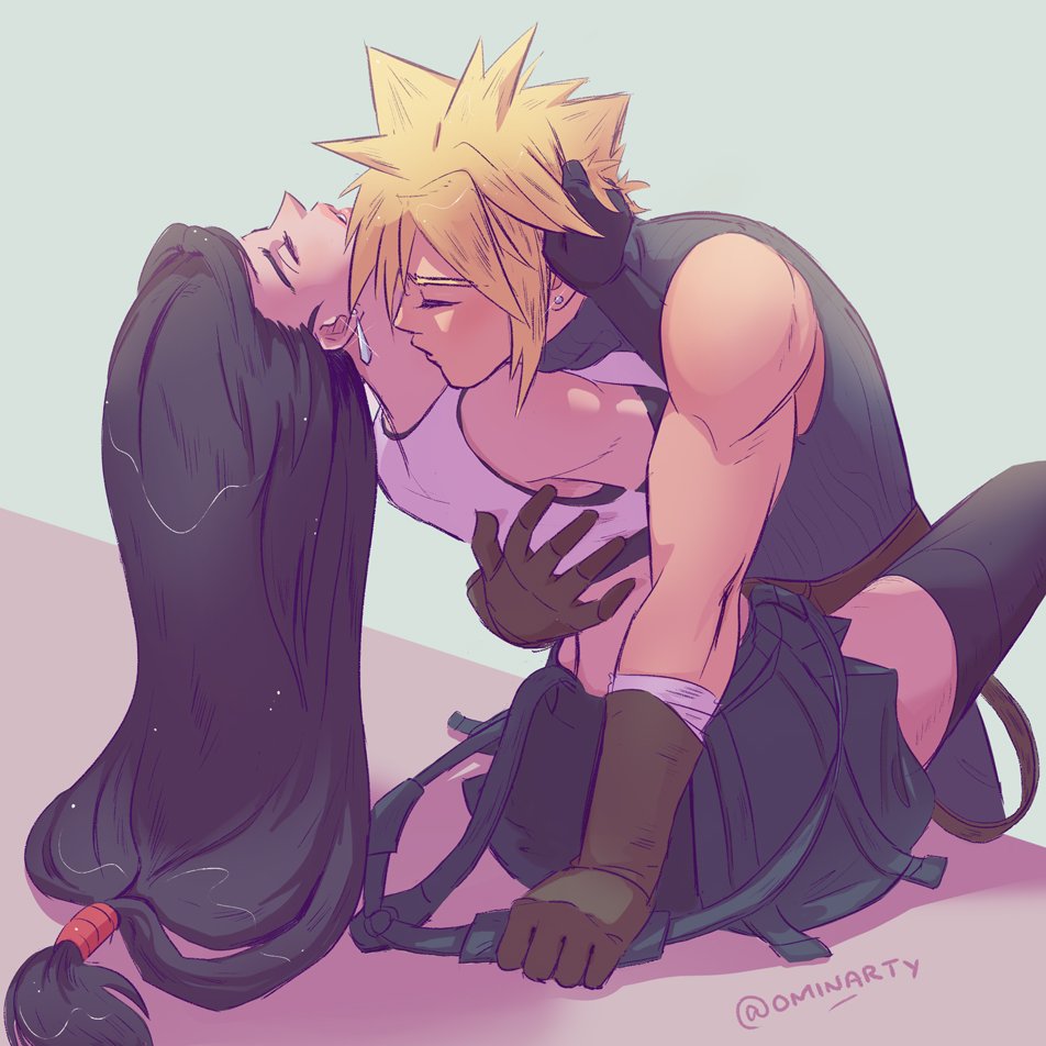 cloud strife, tifa lockhart, final fantasy, final fantasy vii, final fantasy vii remake, commentary, english commentary, 1boy, 1girl, bare shoulders, between legs, black gloves, black hair, black skirt, black thighhighs, blonde hair, brown gloves, couple, crop top, earrings, elbow gloves, feet out of frame, glint, gloves, hand on another's back, hand on another's head, hetero, jewelry, kiss, kissing neck, leaning back, leaning forward, leaning on person, long hair, low-tied long hair, ominarty, short hair, sitting, skirt, sleeveless, sleeveless turtleneck, spiked hair, stud earrings, suspenders hanging, sweater, tank top, teardrop earrings, thighhighs, turtleneck, turtleneck sweater, twitter username, white tank top