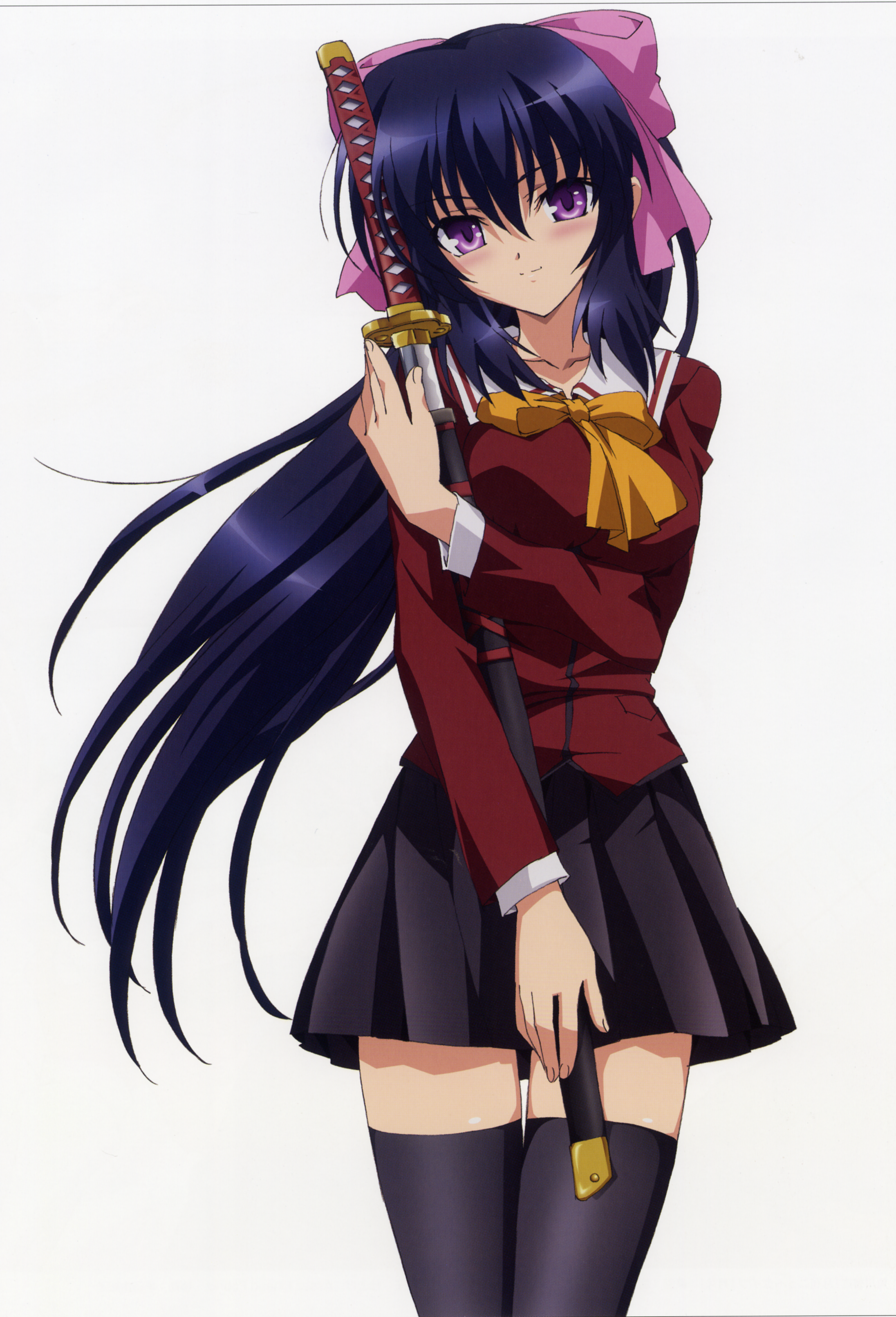 noihara himari, omamori himari, absurdres, highres, official art, 1girl, black thighhighs, blue hair, bow, breasts, hair bow, katana, large breasts, long hair, looking at viewer, purple eyes, school uniform, smile, solo, sword, thighhighs, very long hair, weapon, zettai ryouiki