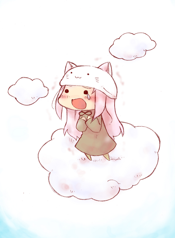 kasuga yuuki, wildrabbit, megurine luka, megurine luka (toeto), toeto (vocaloid), vocaloid, bad id, bad pixiv id, 1girl, animal hat, cat hat, chibi, cloud, female focus, hat, solo, tears
