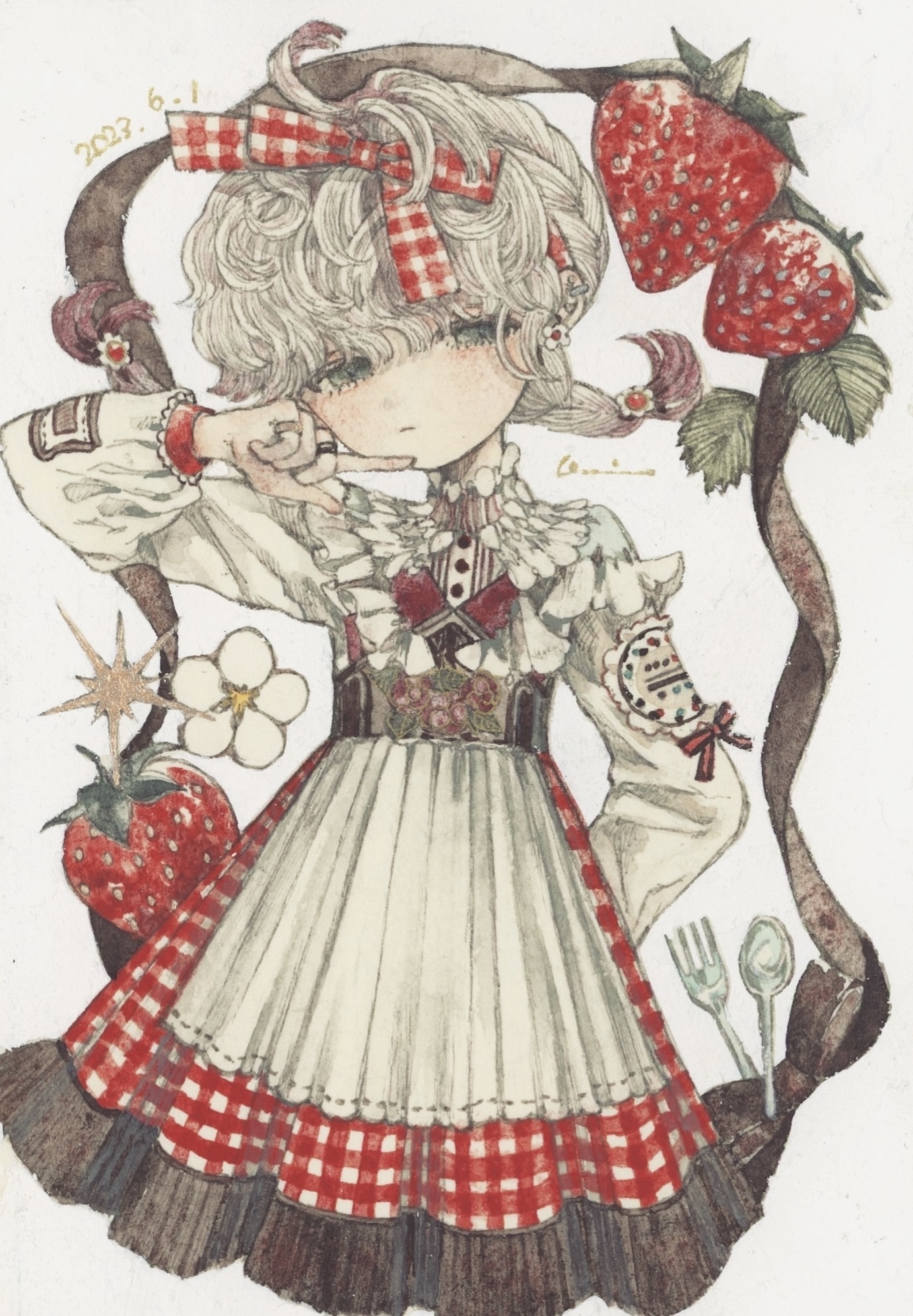 karintoun, original, acrylic paint (medium), bad link, highres, painting (medium), traditional media, watercolor (medium), 1girl, ahoge, apron, blue eyes, blunt bangs, blush, bow, bracelet, braid, closed mouth, collar, cowboy shot, dated, dress, earrings, expressionless, flower, food, fork, frilled collar, frills, fruit, green eyes, hair bow, hair ornament, hair ribbon, half-closed eyes, hand on own chin, hand on own face, hand up, high collar, jewelry, leaf, long sleeves, medium hair, neck ribbon, necklace, pale skin, pleated skirt, pointing, red bow, red ribbon, red skirt, ribbon, ring, sidelocks, signature, simple background, skirt, solo, sparkle, spoon, standing, star (symbol), straight-on, strawberry, twin braids, white apron, white background