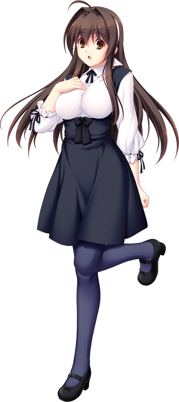 tsukumo kazuita, maishima yuri, nerawareta megami tenshi angel tear, game cg, highres, large variant set, non-web source, official art, variant set, 1girl, :o, ahoge, black ribbon, blue pantyhose, breasts, brown eyes, brown hair, casual, dress, full body, hair intakes, hairband, hand on own chest, large breasts, leg up, long hair, long sleeves, looking at viewer, mary janes, open mouth, pantyhose, ribbon, shoes, skirt, solo, standing, standing on one leg, transparent background, underbust, virgin killer outfit