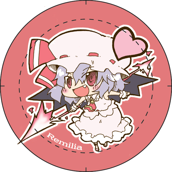 kasuga yuuki, wildrabbit, remilia scarlet, touhou, bad id, bad pixiv id, 1girl, character name, chibi, fang, female focus, heart, solo, spear the gungnir