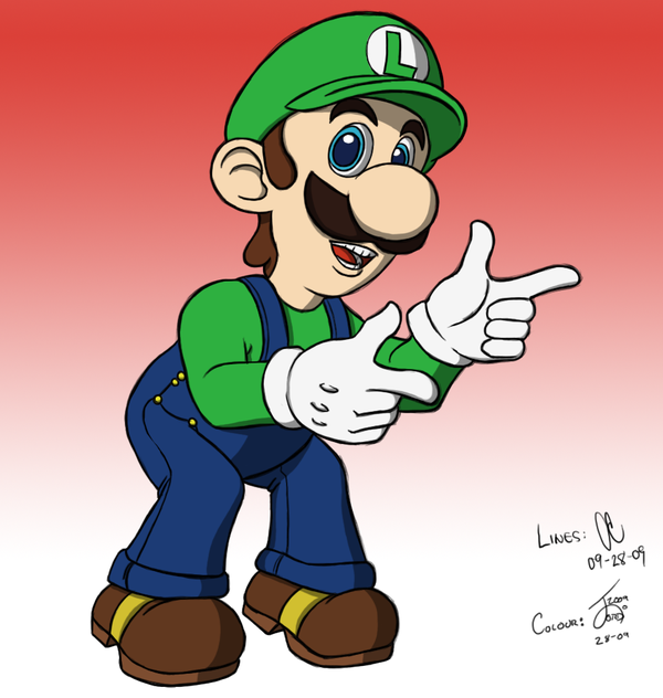jpop-junkie, shadowmkii, luigi, mario (series), nintendo, self-upload, 1boy, blouse, blue overalls, green hat, green shirt, green theme, hat, male focus, overalls, pointing, shirt, solo