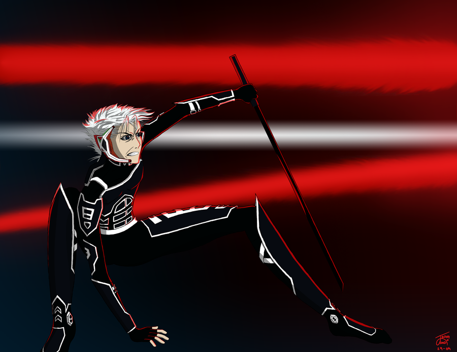 shadowmkii, velocity, sega, shinobi (game), 1boy, arm support, armor, beams, black theme, clenched teeth, energy, fingerless gloves, gloves, headset, katana, male focus, ninja, shadow, shirasaya, short hair, solo, squatting, sword, teeth, waves, weapon, white hair