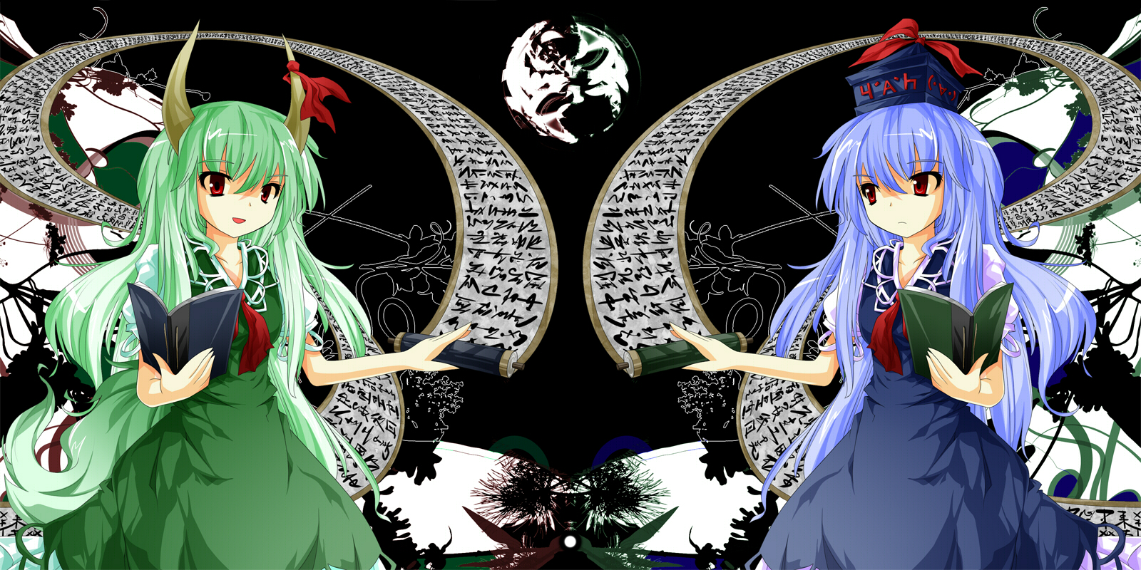 rupa, ex-keine, kamishirasawa keine, touhou, bad id, bad pixiv id, highres, 2girls, alphes (style), blue hair, book, dual persona, female focus, green hair, hat, horn ornament, horn ribbon, horns, long hair, multiple girls, parody, ribbon, scroll, style parody, tail