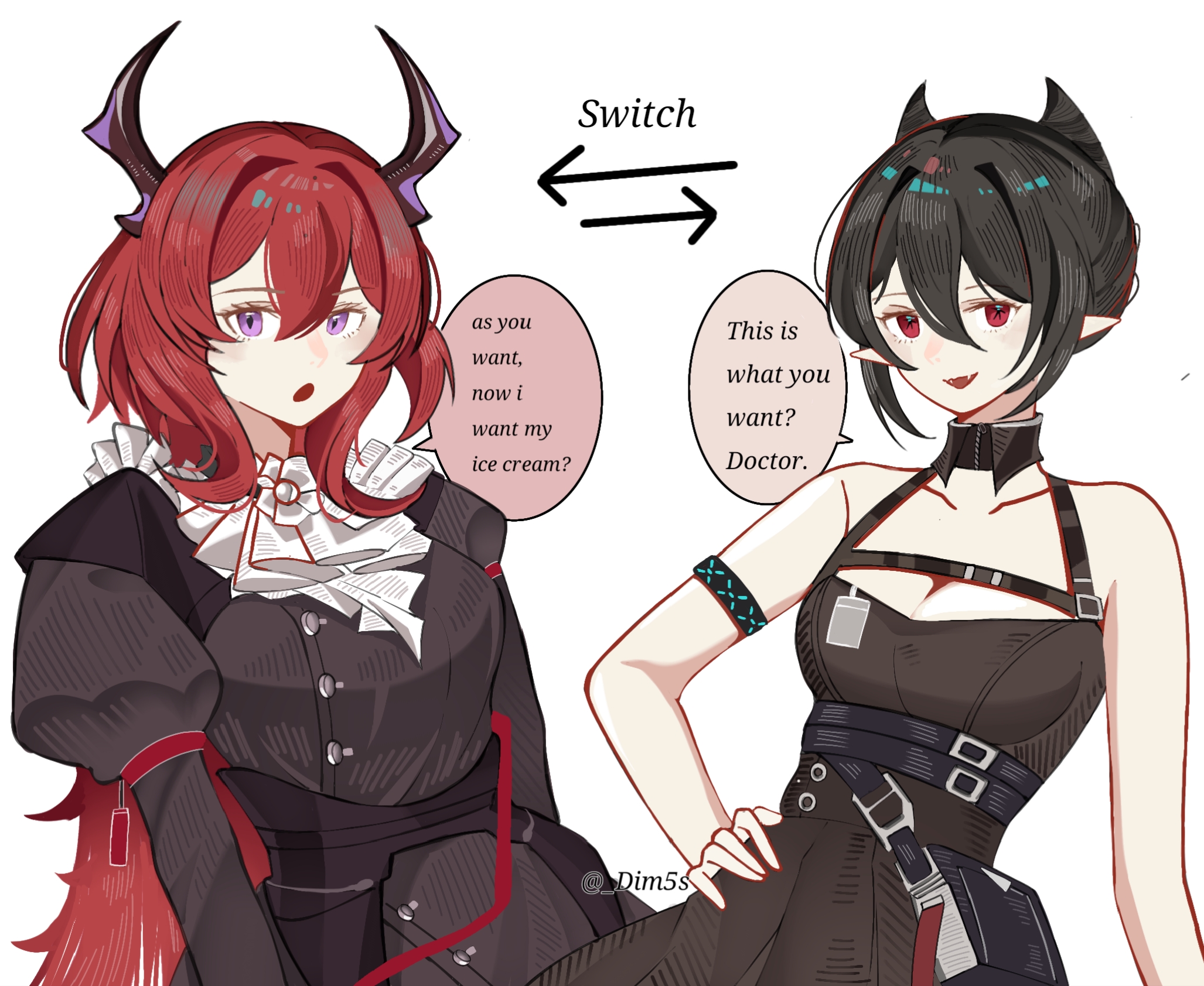 dr.deims (dim5s), entelechia (arknights), infection monitor (arknights), surtr (arknights), arknights, commentary, english commentary, highres, 2girls, :d, armlet, arrow (symbol), artist name, ascot, bag, black dress, black hair, breasts, cleavage, collarbone, cosplay, costume switch, cowboy shot, detached collar, dress, english text, entelechia (arknights) (cosplay), hand on own hip, horns, jewelry, juliet sleeves, large breasts, long sleeves, looking at viewer, medium breasts, multiple girls, open mouth, pointy ears, puffy sleeves, purple eyes, red eyes, red hair, short hair, simple background, sleeveless, sleeveless dress, smile, speech bubble, star-shaped pupils, star (symbol), surtr (arknights) (cosplay), symbol-shaped pupils, twitter username, white ascot, white background