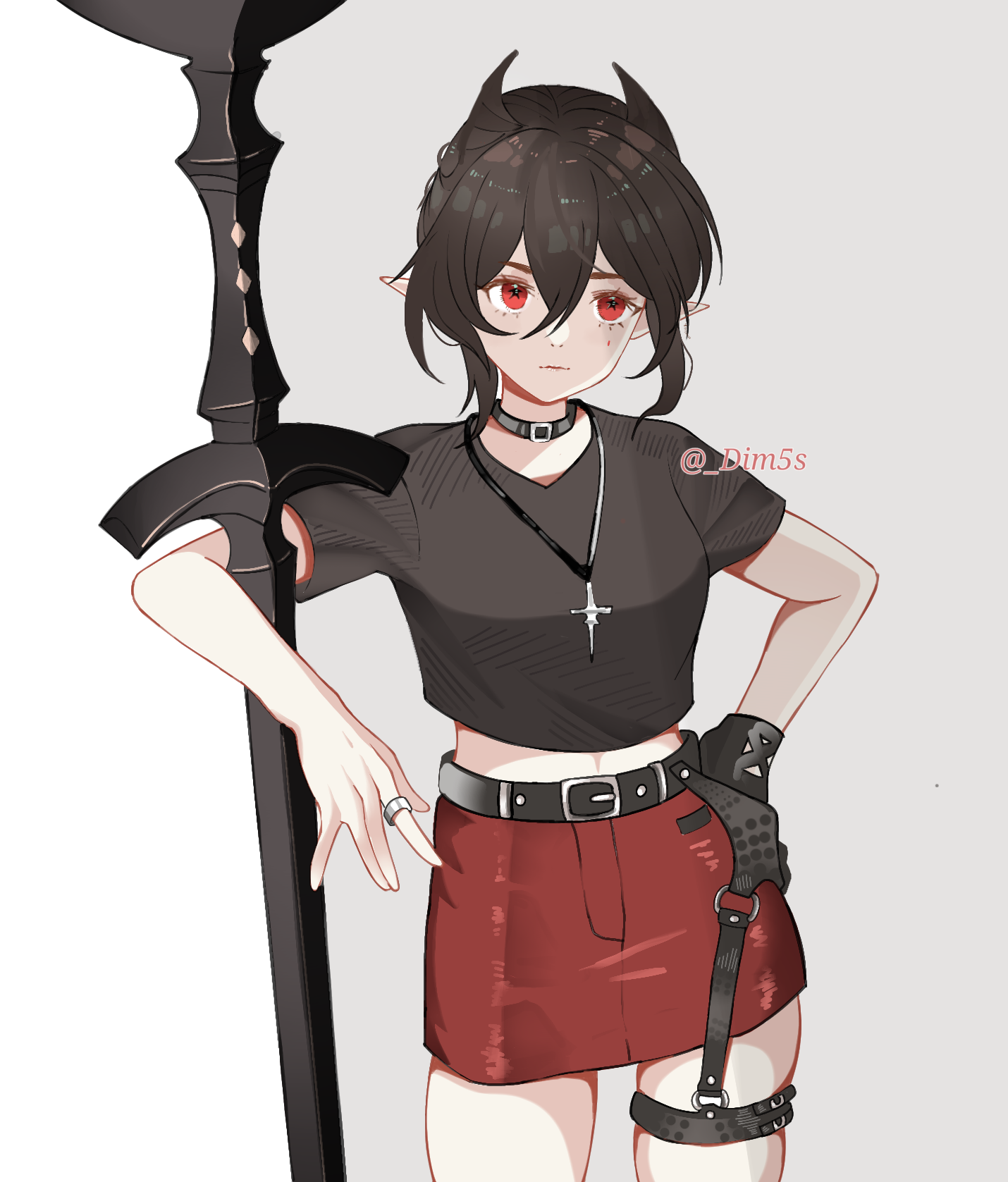 dr.deims (dim5s), entelechia (arknights), surtr (arknights), surtr (liberte echec) (arknights), arknights, commentary, english commentary, highres, 1girl, belt, black belt, black choker, black hair, black shirt, choker, contrapposto, cosplay, cowboy shot, creator connection, cross, cross necklace, hand on own hip, jewelry, midriff peek, miniskirt, necklace, official alternate costume, pointy ears, red eyes, red skirt, ring, shirt, short hair, short sleeves, simple background, skindentation, skirt, solo, star-shaped pupils, star (symbol), surtr (arknights) (cosplay), sword, symbol-shaped pupils, thigh strap, twitter username, weapon, white background