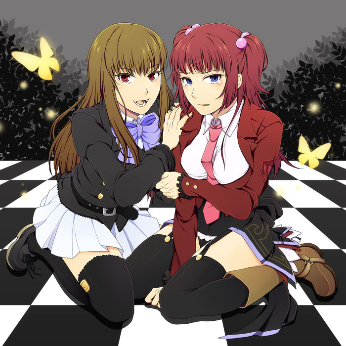 kuwatop, toppe, mammon (umineko), stakes of purgatory, ushiromiya ange, umineko no naku koro ni, bad id, bad pixiv id, jpeg artifacts, 2girls, blue eyes, brown hair, cosplay, costume switch, hair bobbles, hair ornament, jacket, kneeling, long hair, multiple girls, necktie, pink necktie, red eyes, red hair, ribbon, skirt, tears, thighhighs, twintails, zettai ryouiki