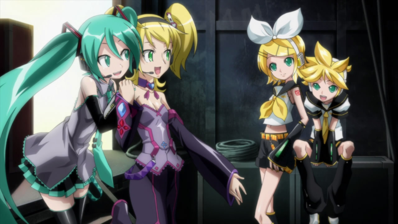 hatsune miku, kagamine len, kagamine rin, shishidou nami, sora wo kakeru shoujo, vocaloid, screencap, 00s, blonde hair, cameo, green eyes, green hair, twintails