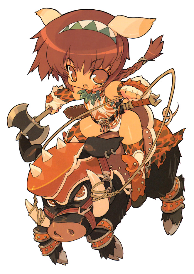 blade (galaxist), original, blade, 1girl, animal ears, armor, armored boots, axe, boar, boots, braid, brown eyes, brown hair, elbow gloves, facepaint, fang, female focus, fingerless gloves, full body, gloves, hairband, horns, long hair, open mouth, riding, short hair, solo, thighhighs, weapon