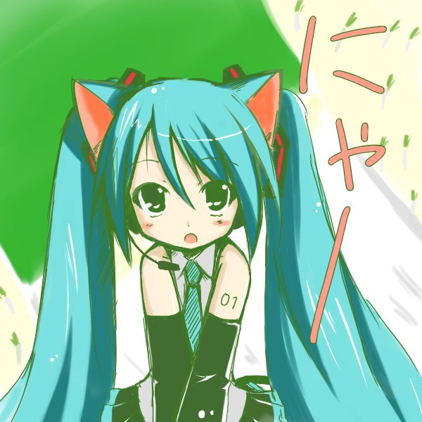 shichinose, hatsune miku, vocaloid, animal ears, bare shoulders, cat ears, green hair, kemonomimi mode, solo, twintails