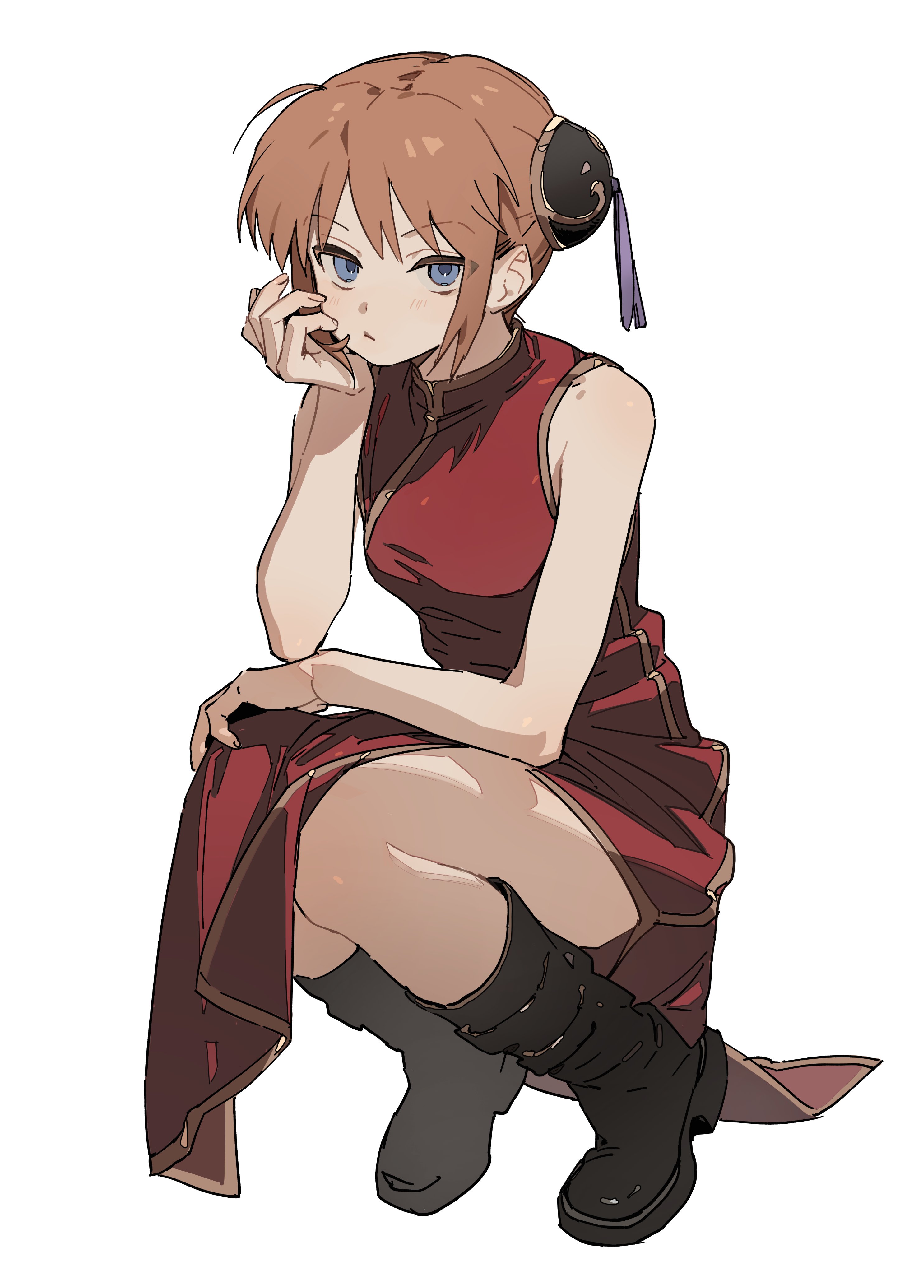 zhibuji loom, kagura (gintama), gintama, absurdres, highres, 1girl, black boots, blue eyes, boots, bun cover, china dress, chinese clothes, dress, hair bun, orange hair, solo