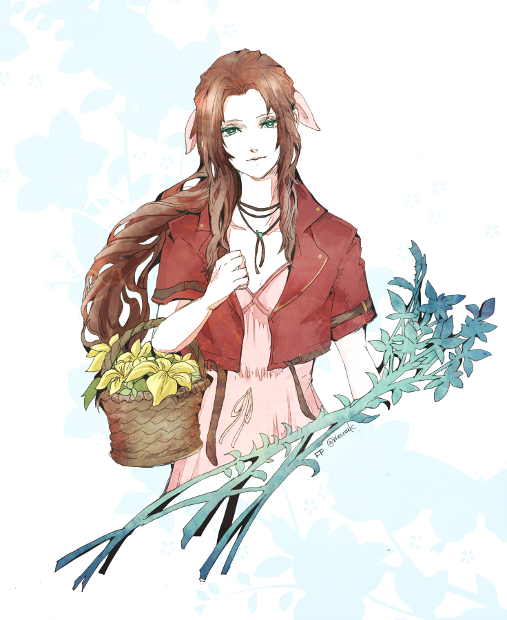 ruka (blueplus84), aerith gainsborough, final fantasy, final fantasy vii, final fantasy vii remake, 1girl, aqua eyes, basket, brown hair, copyright name, cropped jacket, dress, flower, hair ribbon, holding, holding basket, jacket, long hair, open clothes, open jacket, pink dress, pink ribbon, ponytail, red jacket, ribbon, short sleeves, solo, twitter username, yellow flower