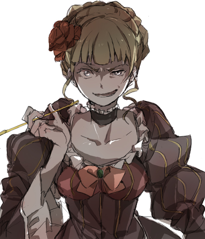 gurunyanya, beatrice (umineko), umineko no naku koro ni, 00s, 1girl, blonde hair, bow, choker, dress, female focus, flower, kiseru, pink bow, ribbon, smoking pipe, solo