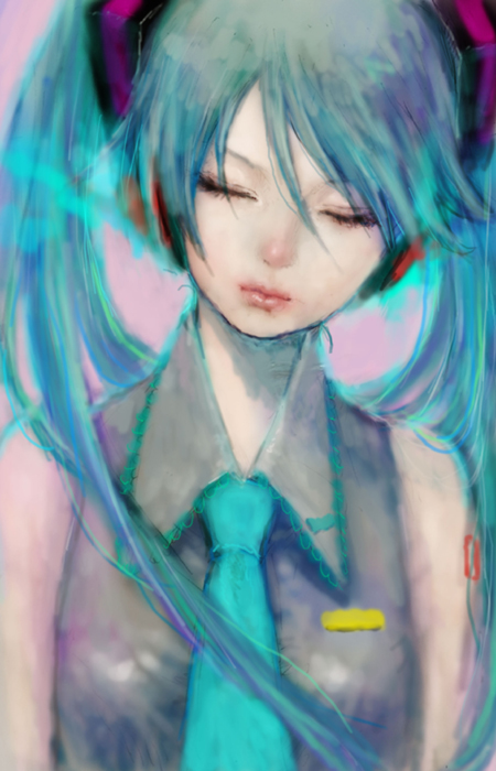 ponsuke (pon00000), hatsune miku, vocaloid, bad id, bad pixiv id, aqua hair, closed eyes, detached sleeves, green hair, headphones, lips, long hair, necktie, solo, twintails