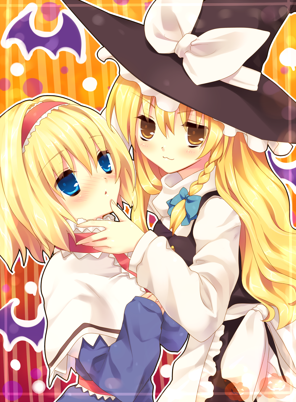 tokira nozumi, alice margatroid, kirisame marisa, touhou, highres, 2girls, :3, blonde hair, blue eyes, blush, brown eyes, female focus, hairband, hat, multiple girls, short hair, witch, witch hat
