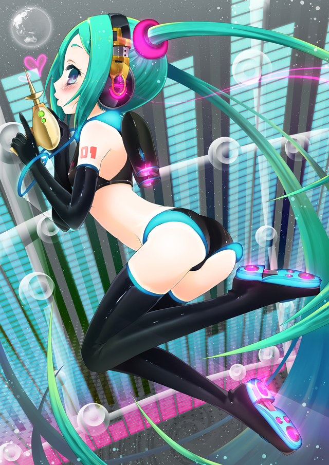 kuromaru9, hatsune miku, hatsune miku (space channel 39), project diva, project diva (series), vocaloid, aqua hair, boots, headphones, heart, legs, long hair, solo, thigh boots, thighhighs, twintails, very long hair