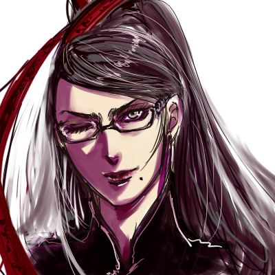 oto86, bayonetta, bayonetta (series), lowres, black hair, glasses, grey eyes, hair bun, mole, one eye closed, red ribbon, ribbon, single hair bun, wink