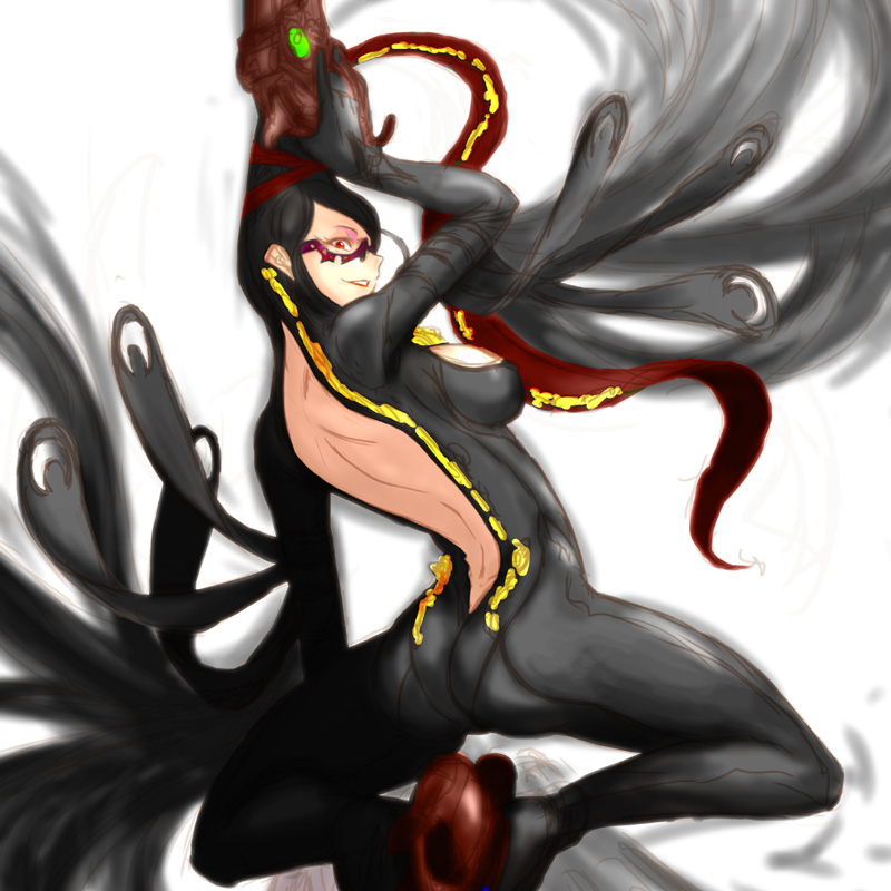 noname (nowhere), bayonetta, bayonetta (series), bayonetta 1, 1girl, arched back, arm up, ass, back, backless outfit, bare back, black hair, bodysuit, female focus, glasses, gun, hair bun, hair ribbon, legs, long hair, looking back, red eyes, ribbon, single hair bun, skin tight, smile, solo, spread legs, very long hair, weapon