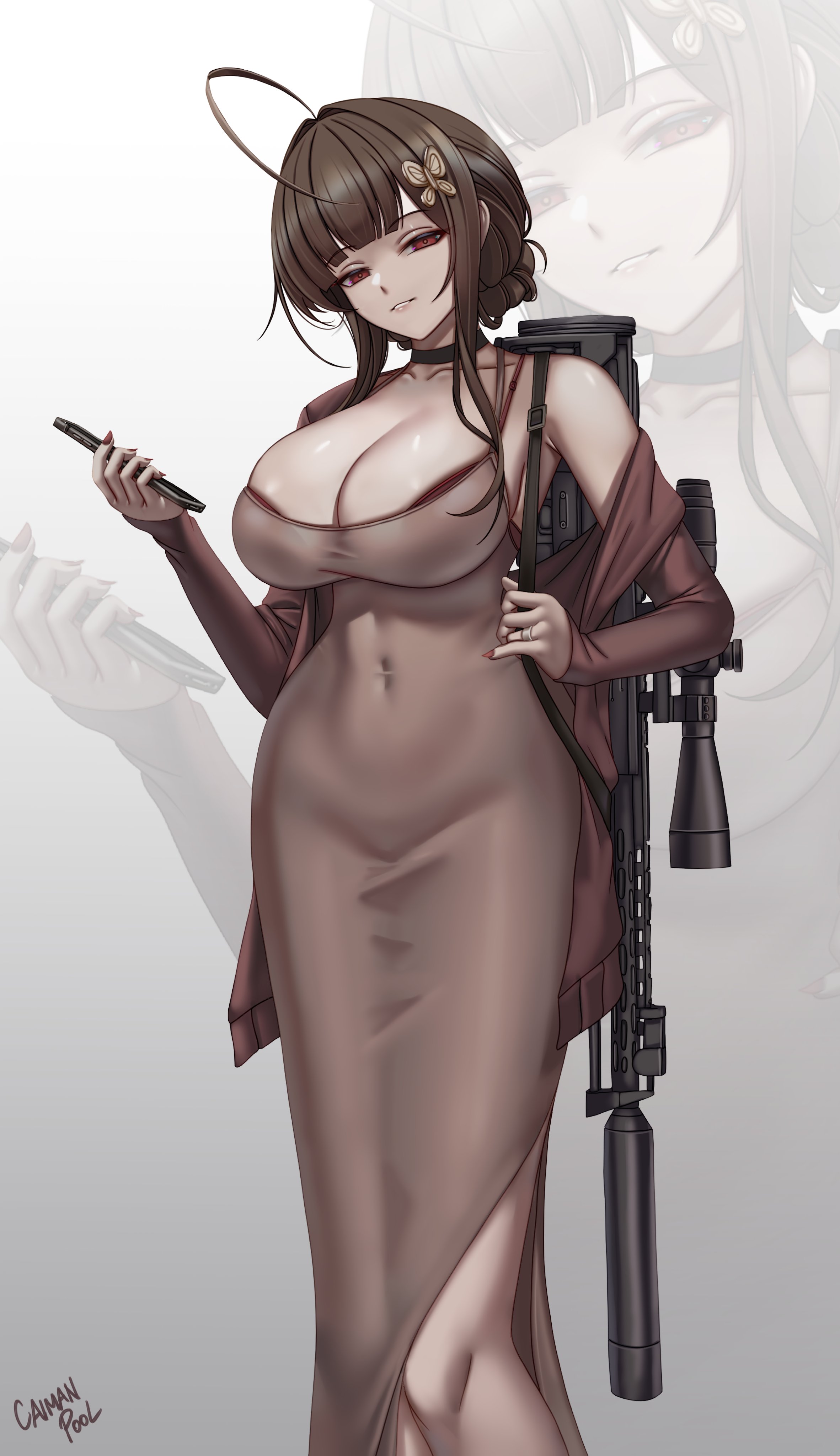 caiman pool, girls' frontline, girls' frontline 2: exilium, absurdres, highres, anti-materiel rifle, artist name, bare shoulders, breasts, brown hair, cleavage, cocktail dress, dress, evening gown, gun, hair between eyes, knife belt, large breasts, loreley (girls' frontline 2), metal bracelet, rifle, simple background, smile, sniper rifle, tight clothes, weapon