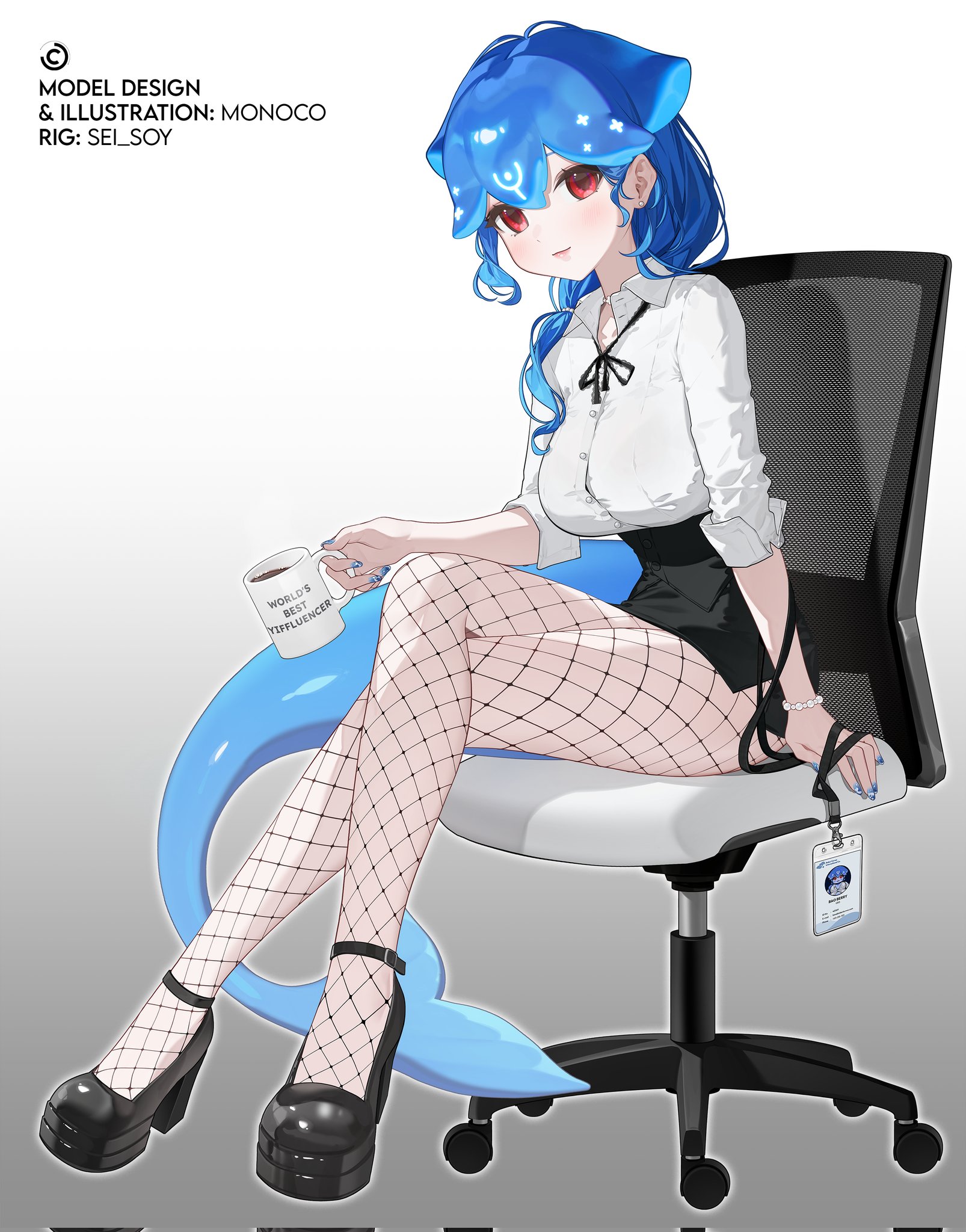 monoco55, bao the whale, indie virtual youtuber, corrupted twitter file, highres, official art, 1girl, artist name, bao the whale (office lady), black shoes, black skirt, blue hair, blue nails, blush, cetacean tail, chair, coffee mug, cup, fins, fish tail, fishnets, high-waist skirt, high heels, holding, holding cup, lanyard, long hair, low ponytail, mug, name tag, office chair, office lady, official alternate costume, ponytail, red eyes, shirt, shoes, skirt, swivel chair, tail, unworn lanyard, virtual youtuber, whale girl, white shirt
