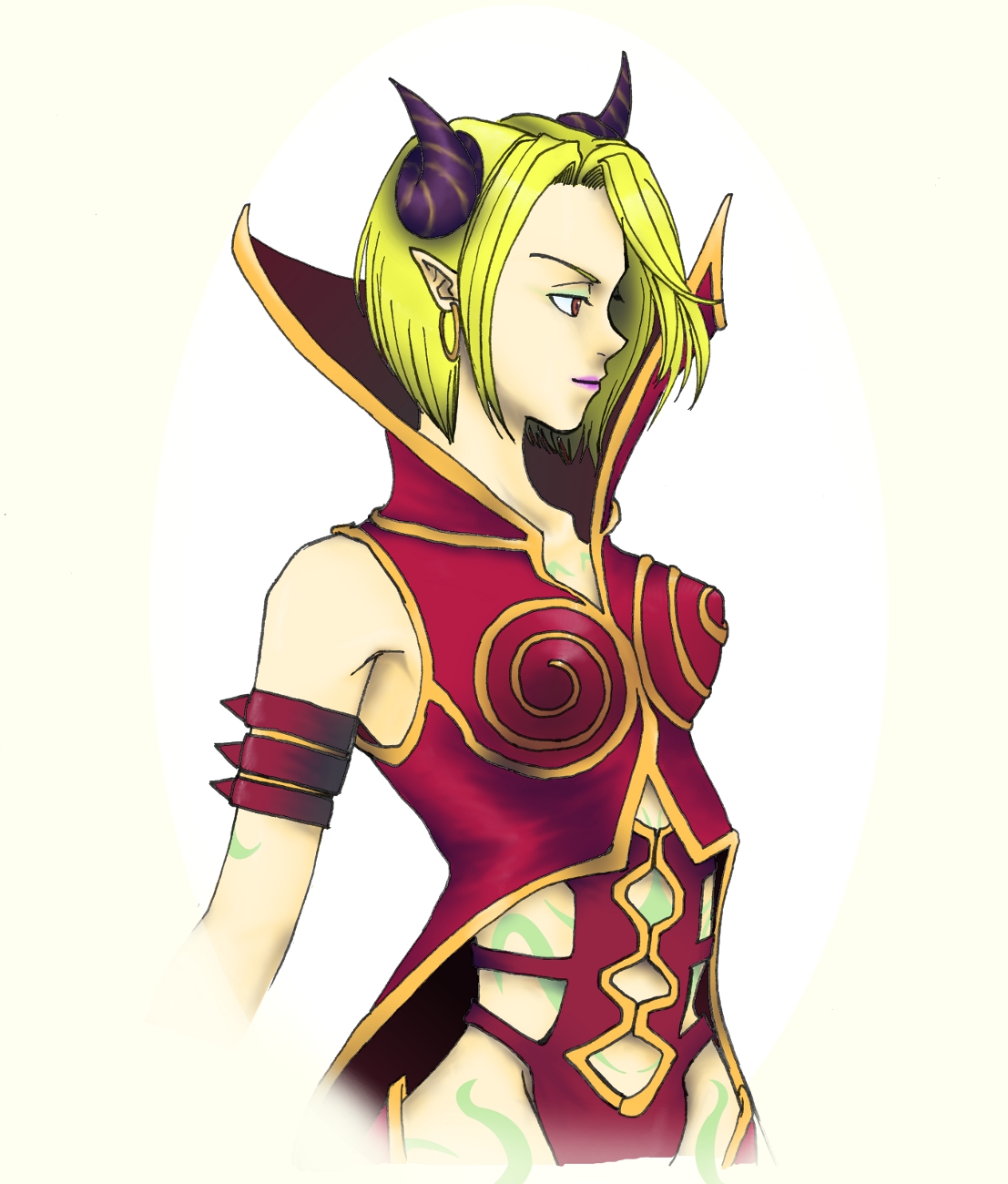 hirasixyainn, shannon (god hand), capcom, god hand, highres, blonde hair, brown eyes, demon girl, earrings, horns, jewelry, pointy ears, short hair, tattoo