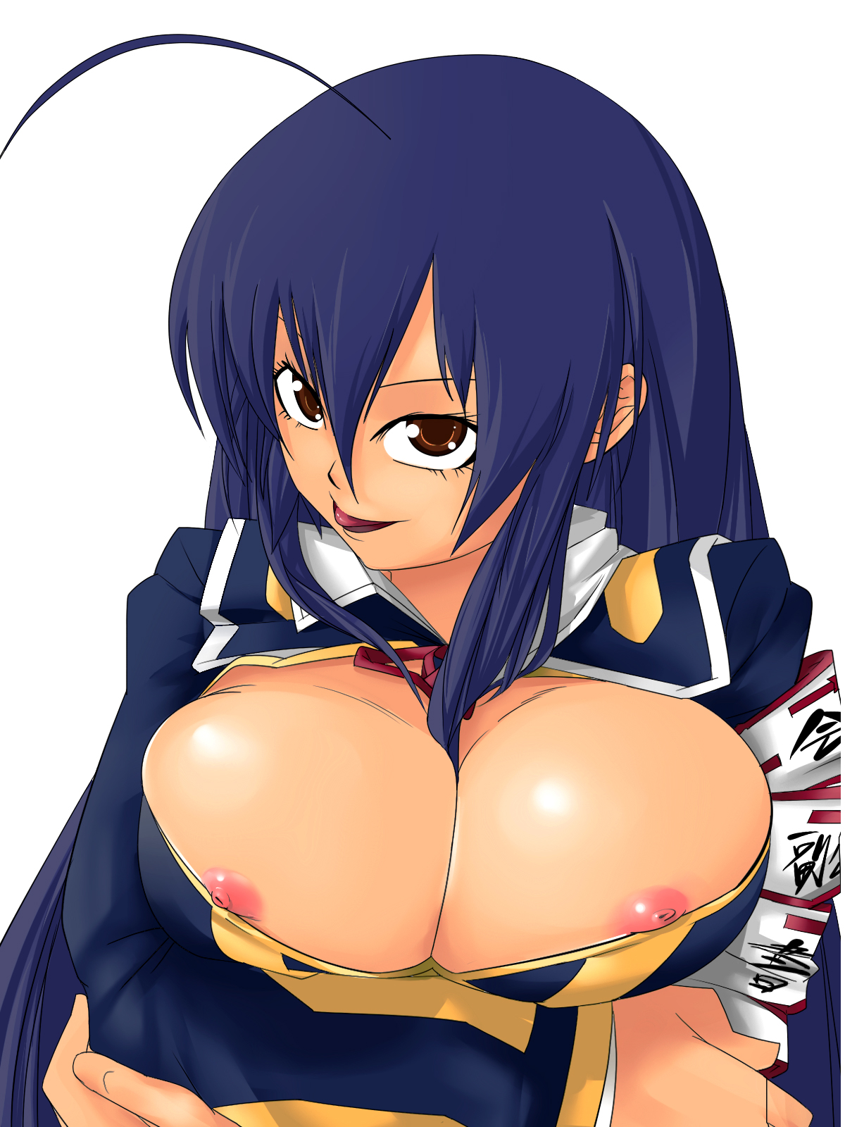 beeron, kurokami medaka, medaka box, highres, :p, ahoge, blue hair, breasts, brown eyes, bursting breasts, cleavage, large breasts, naughty face, nipple slip, nipples, solo, tongue, tongue out