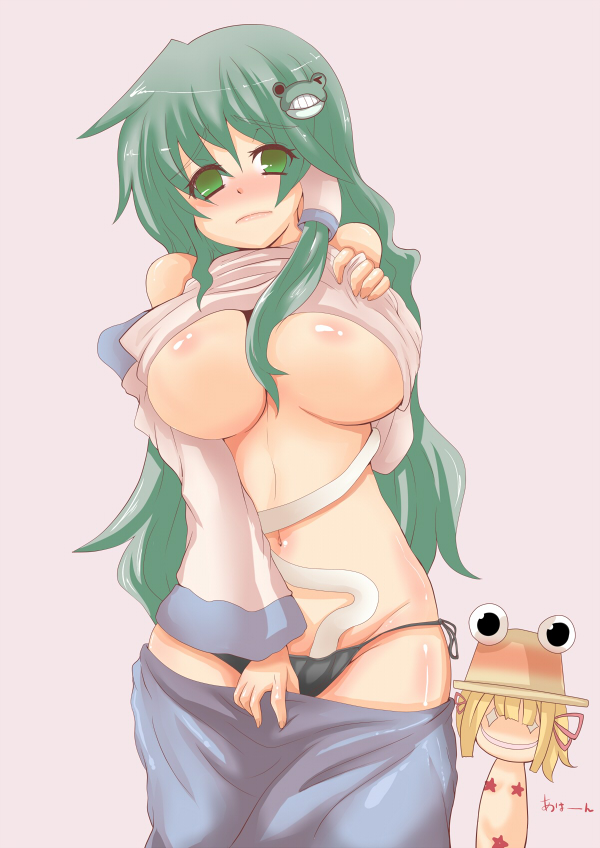 78rr, kochiya sanae, mishaguji, moriya suwako, touhou, bad id, bad pixiv id, 2girls, breasts, female focus, frog, green eyes, green hair, huge breasts, multiple girls, panties, panty pull, side-tie panties, snake, underboob, underwear
