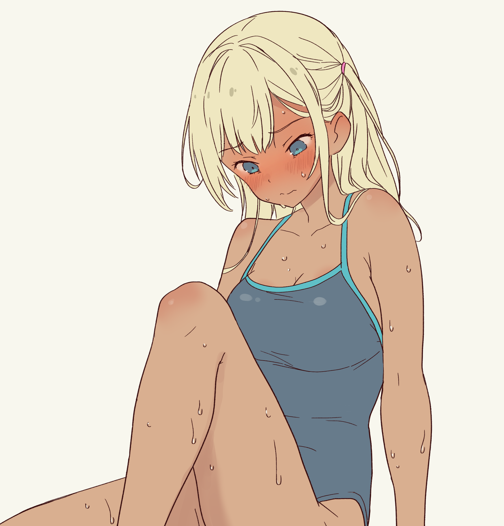 daipunch, galzaki-san (daipunch), original, highres, 1girl, blonde hair, blue eyes, blush, breasts, competition school swimsuit, dark-skinned female, dark skin, embarrassed, large breasts, long hair, school swimsuit, sitting, swimsuit, wet
