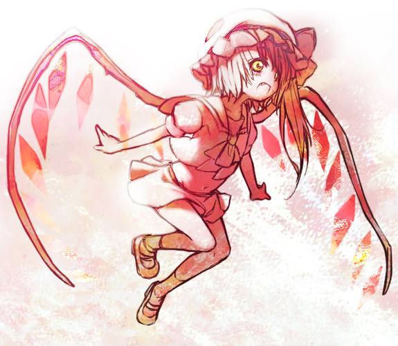 utsugi (skydream), flandre scarlet, touhou, bad id, bad pixiv id, 1girl, fang, female focus, flying, hat, monochrome, open mouth, outstretched arms, red theme, shoes, side ponytail, solo, spot color, spread arms, wings, yellow eyes