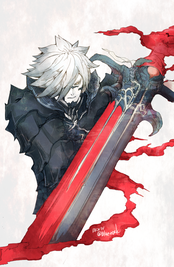 ruka (blueplus84), final fantasy, final fantasy xiv, commentary request, 1boy, 3:, armor, au ra, black armor, black horns, black sclera, closed mouth, colored sclera, copyright name, greatsword, grey hair, hair over one eye, holding, holding sword, holding weapon, horns, male focus, scales, short hair, sidurgu orl, solo, sword, twitter username, weapon, yellow eyes