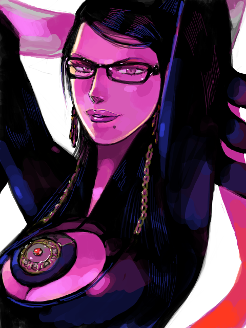shatou (c-com), bayonetta, bayonetta (series), arms up, black hair, chain, earrings, glasses, jewelry, long hair, mole
